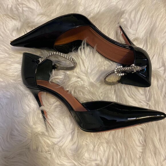 Amina Muaddi Ursina Black Patent Leather Crystal Heeled Shoes - Picture 2 of 8
